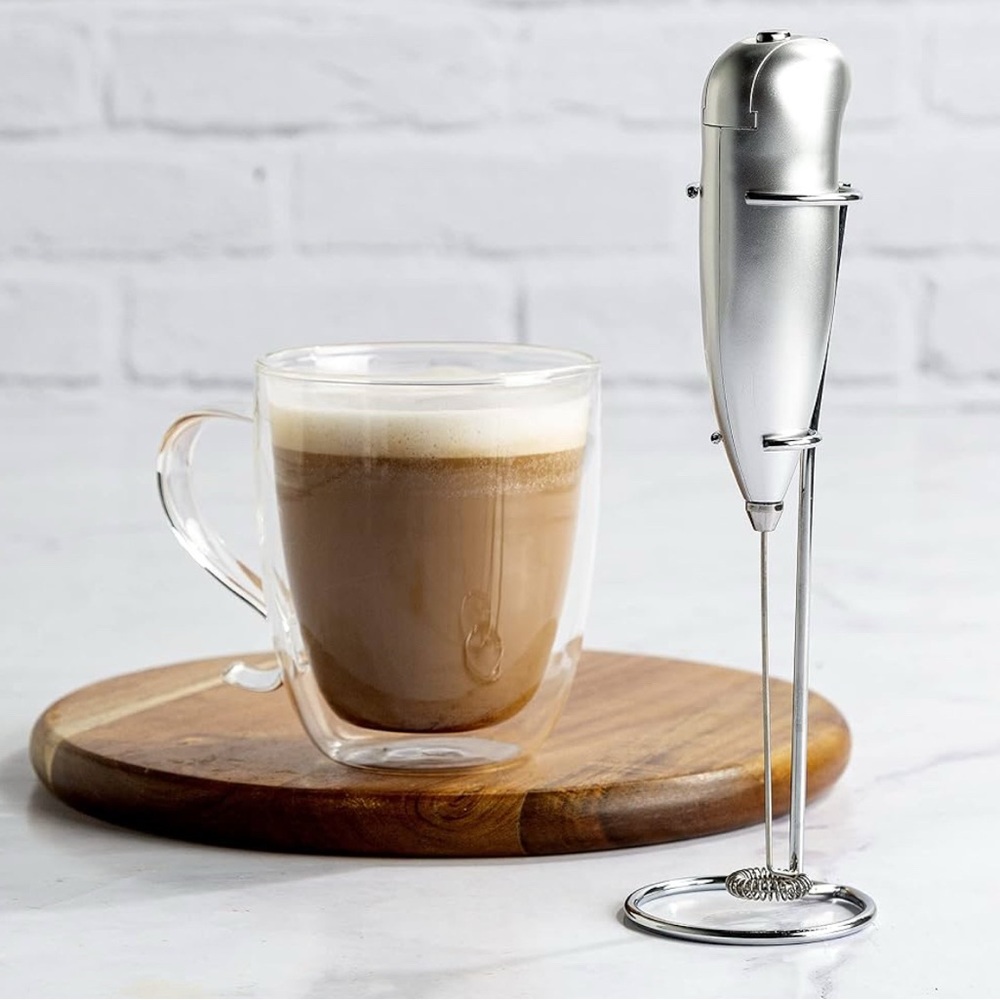 Sleek Silver Milk Frother with Stand